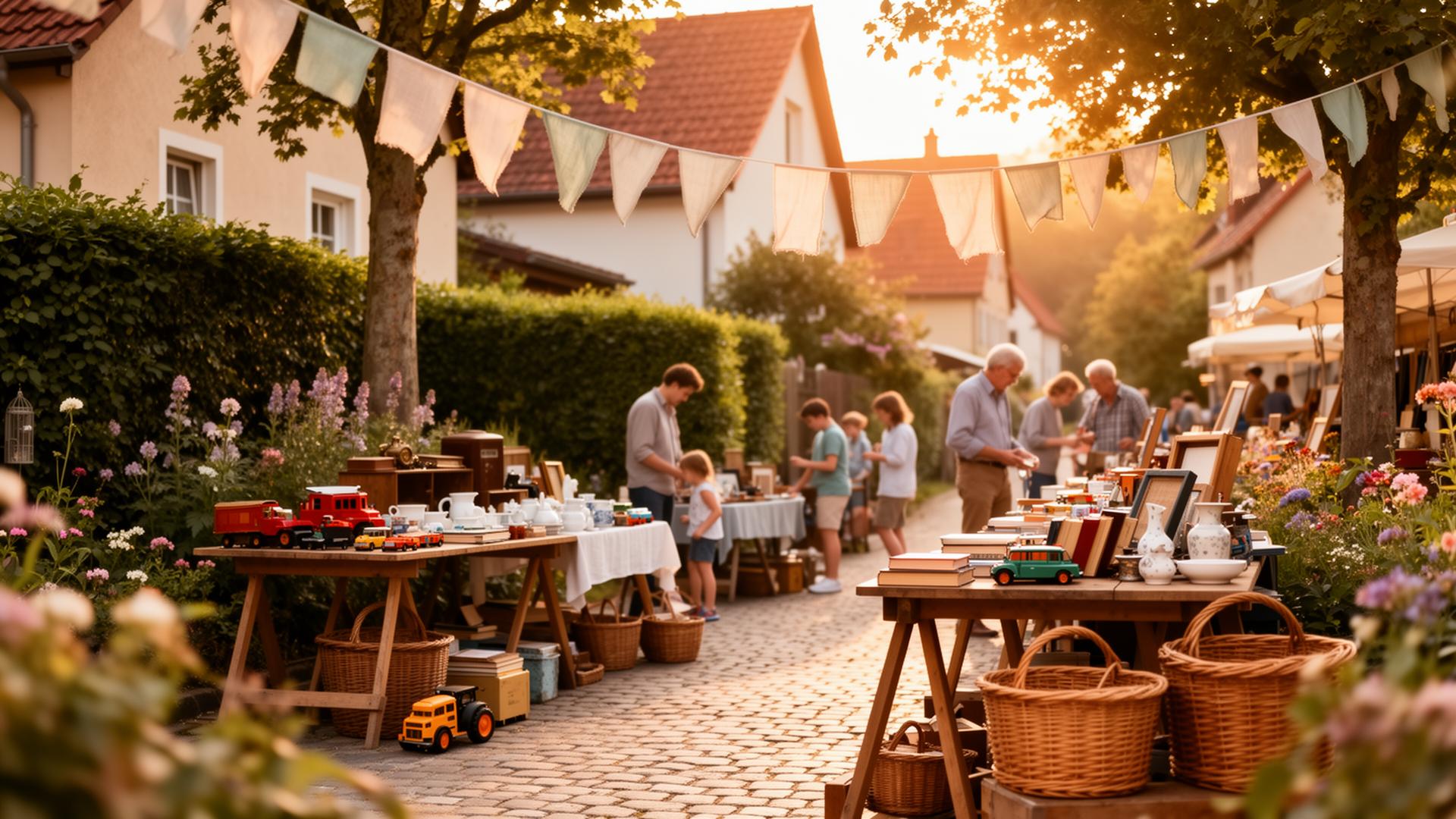 Sommerlicher Haus- und Hofflohmarkt in einer Wohnstraße in Malente mit Flohmarktständen und Lichterketten