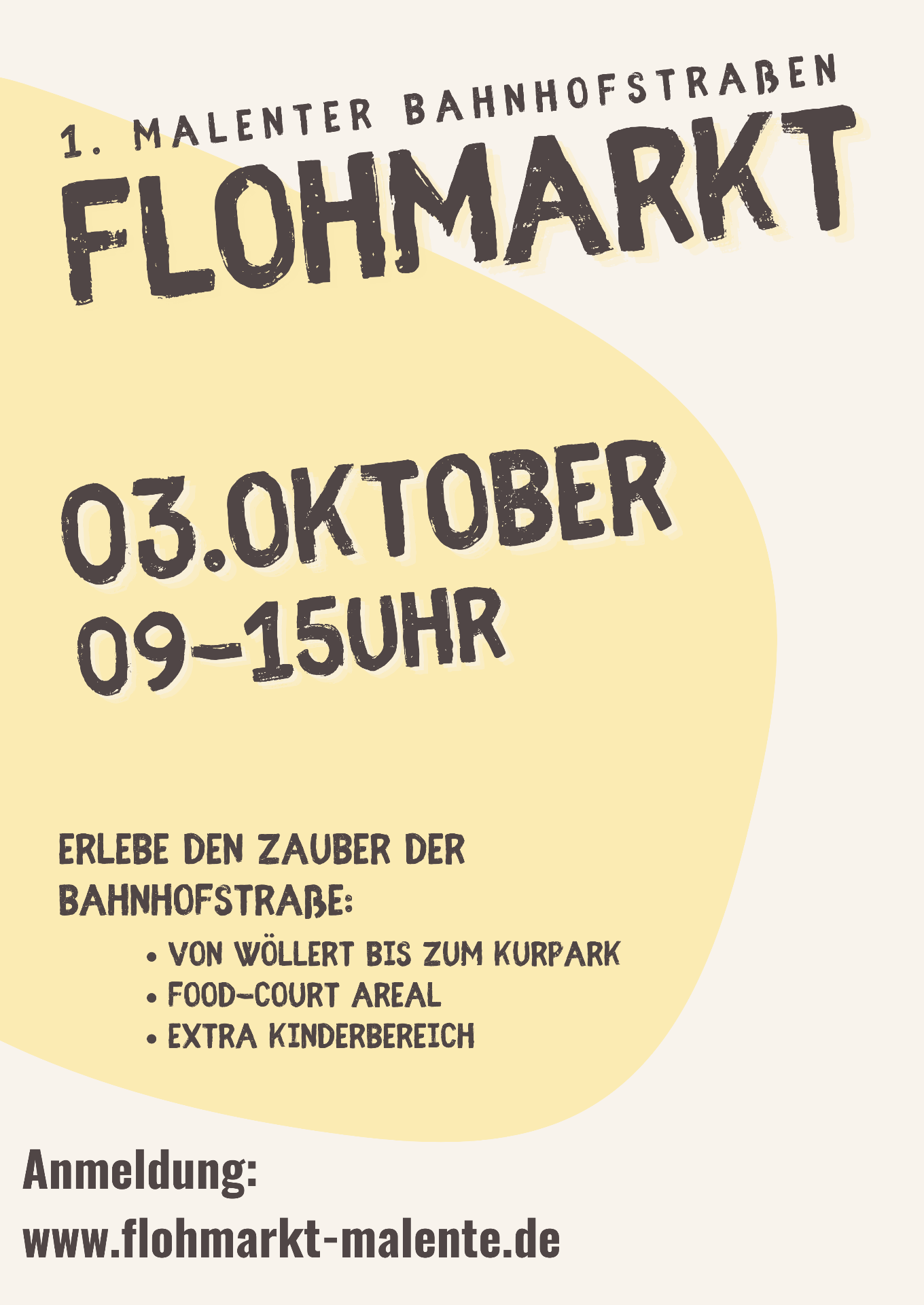 Plakat: 1. Malenter Bahnhofstraßen Flohmarkt am 03. Oktober von 9 bis 15 Uhr, von Wöllert bis zum Kurpark, mit Food-Court und Kinderbereich.